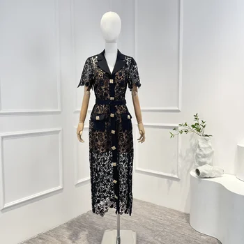 2023, Высококачественное Однотонное черное платье с цветочным узором и пуговицами спереди, Тонкое Платье миди для женщин