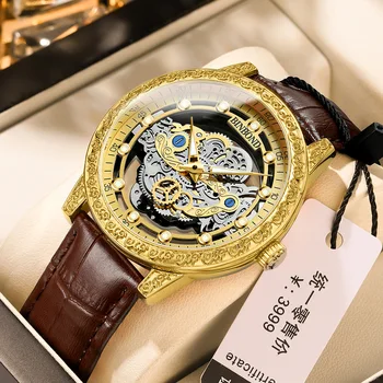 2023 Новые Роскошные золотые часы для мужчин, лидирующий бренд, Повседневные Кожаные Выдалбливающие Водонепроницаемые светящиеся модные деловые наручные часы, часы