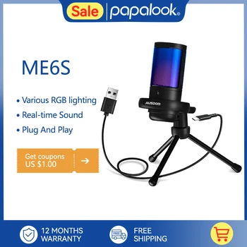 AUSDOM Gaming ME6S USB Настольный микрофон Для конденсаторной записи подкастов, Потоковый выход, микрофон с сенсорным отключением звука С режимом RGB освещения