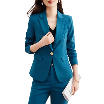 Lenshin Высококачественный женский брючный костюм из 2 предметов, модные официальные женские комплекты для офисной работы, синий деловой блейзер