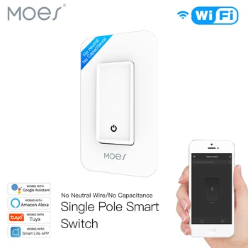 Moes WiFi Умный Кнопочный переключатель Без нейтрального провода Однополюсный Конденсатор не требуется Приложение Smart Life Amazon Echo Google Home