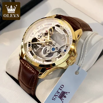 OLEVS Двухсторонние механические часы со скелетом, автоматические мужские наручные часы класса Люкс, лидирующий бренд, кожаные водонепроницаемые светящиеся мужские наручные часы