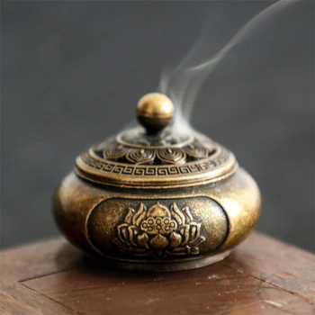 Антикварная Латунная Карманная Курильница для благовоний Lotus Jiuding, Полые мини-украшения для Благовоний, китайский старинный чайный стол, декор