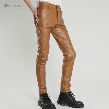 Весенне-осенние Мужские кожаные брюки, облегающие эластичные модные брюки из искусственной кожи, мотоциклетные и байкерские брюки, водонепроницаемые