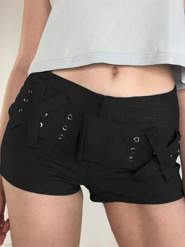 Готические шорты Y2K с низкой талией kinny 90-х, низы с поясом для женщин, уличная одежда, эстетичная сексуальная облегающая черная ткань