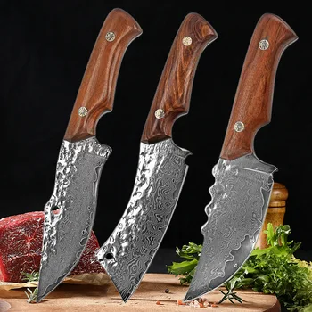 Дамасский разделочный нож с кованым острием; Мясницкие ножи; Кухонный сербский нож шеф-повара для нарезки; Инструменты для кемпинга на открытом воздухе