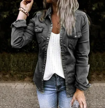 Джинсовое пальто 2023, Новое модное приталенное джинсовое пальто средней длины с однобортным карманом, женское однотонное джинсовое пальто