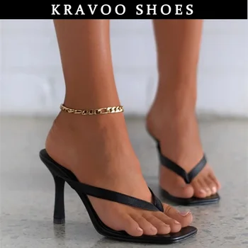 Женская обувь KRAVOO, босоножки в елочку на высоком каблуке, Женские тапочки с квадратным носком, однотонные женские повседневные сандалии, Лето 2023