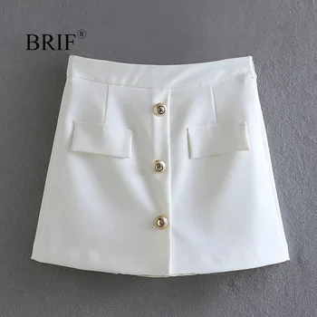 Женская Элегантная Белая юбка-шорты BRIF с золотыми пуговицами, карманами с клапанами, Боковыми молниями для Офисной леди, Уличная одежда