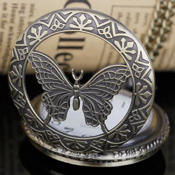 Изысканное милое ожерелье с полой бабочкой, кварцевые карманные часы, подвеска в стиле ретро стимпанк, мужские и женские кварцевые часы
