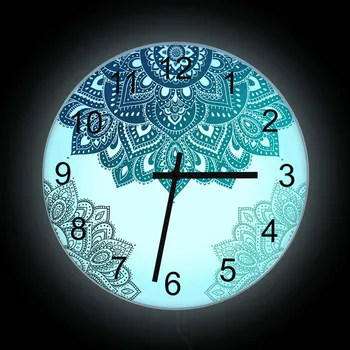 Индийская Мандала Хиппи Светодиодные неоновые настенные часы Богемный Декор Спальни Индийский Цветочный орнамент, меняющий цвет, свечение в настенных часах