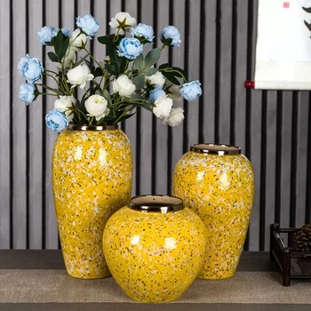 Керамическая ваза Цзиндэчжэнь, современная простая желтая ваза с имитацией сухого цветка, цветочный поддельный горшок, украшение гостиной, спальни