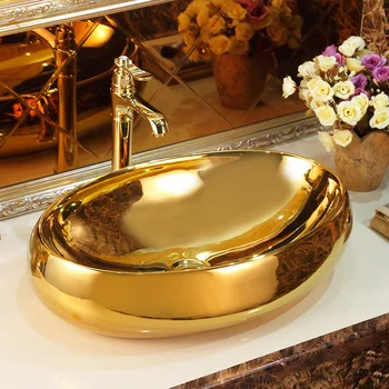 Керамическая раковина с золотой овальной столешницей, художественная раковина, раковина для ванной комнаты в европейском стиле, умывальник, современная ретро-раковина