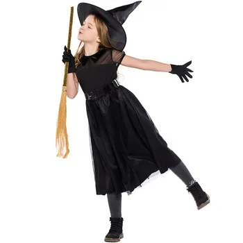 Костюм Черной ведьмы на Хэллоуин, Косплей, Сетчатая детская одежда для ролевых игр Маленькой ведьмы для девочек, Одежда для сумасшедших вечеринок