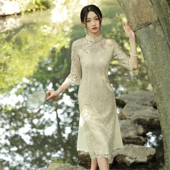 Летнее Композитное Кружевное Чонсам 2023, Элегантное Вечернее Традиционное Вьетнамское Платье Ципао в Китайском Стиле Aodai в Традиционном Вьетнамском Стиле для Женщин
