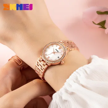 Модные женские часы Skmei со стразами, твердый стальной корпус, европейские и американские женские деловые часы-браслет