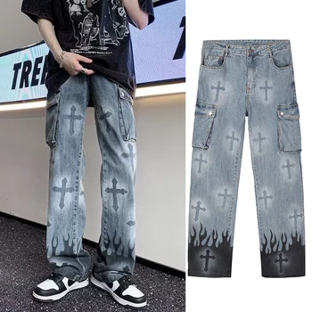 Мужские джинсовые Прямые Мешковатые брюки со средней талией, Корейская мода, Мужские джинсовые брюки с карманами, Джинсы Homme Y2k, мужская одежда