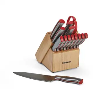 Набор кухонных ножей Farberware Edgekeeper из нержавеющей стали, 15 предметов, базовый красный ножевой блок, набор кухонных ножей, держатель для ножей
